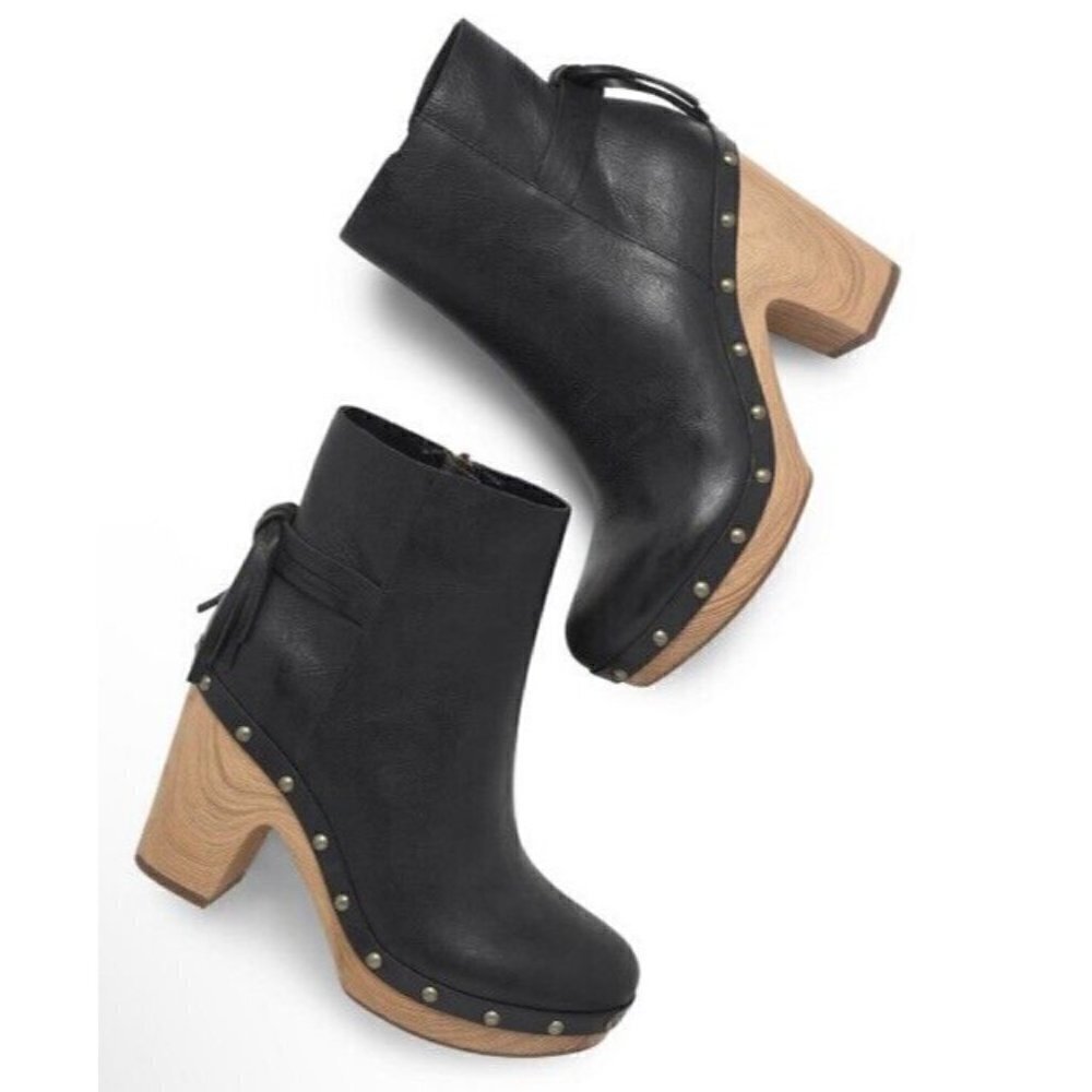 Kork-Ease Black Leather Wood-Stacked Heel Ankle Boots - Picture 5 of 15